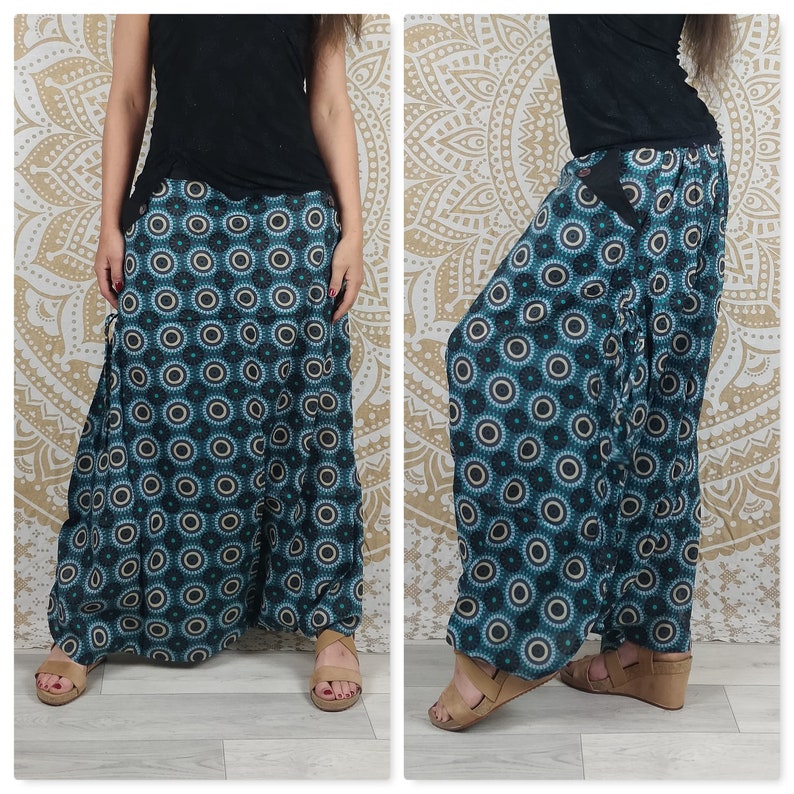 Cotton Haria pants. Harem pants / Adjustable skirt pants with pockets. Turquois geometric print / dark gray, black feathers. image 6