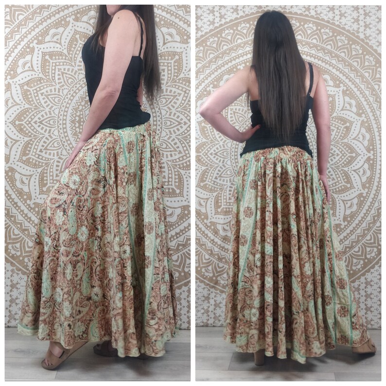 Nishana long skirt in Indian silk. Maxi flared boho skirt. Blue and orange floral print / black and red / brown and green paisley. image 6