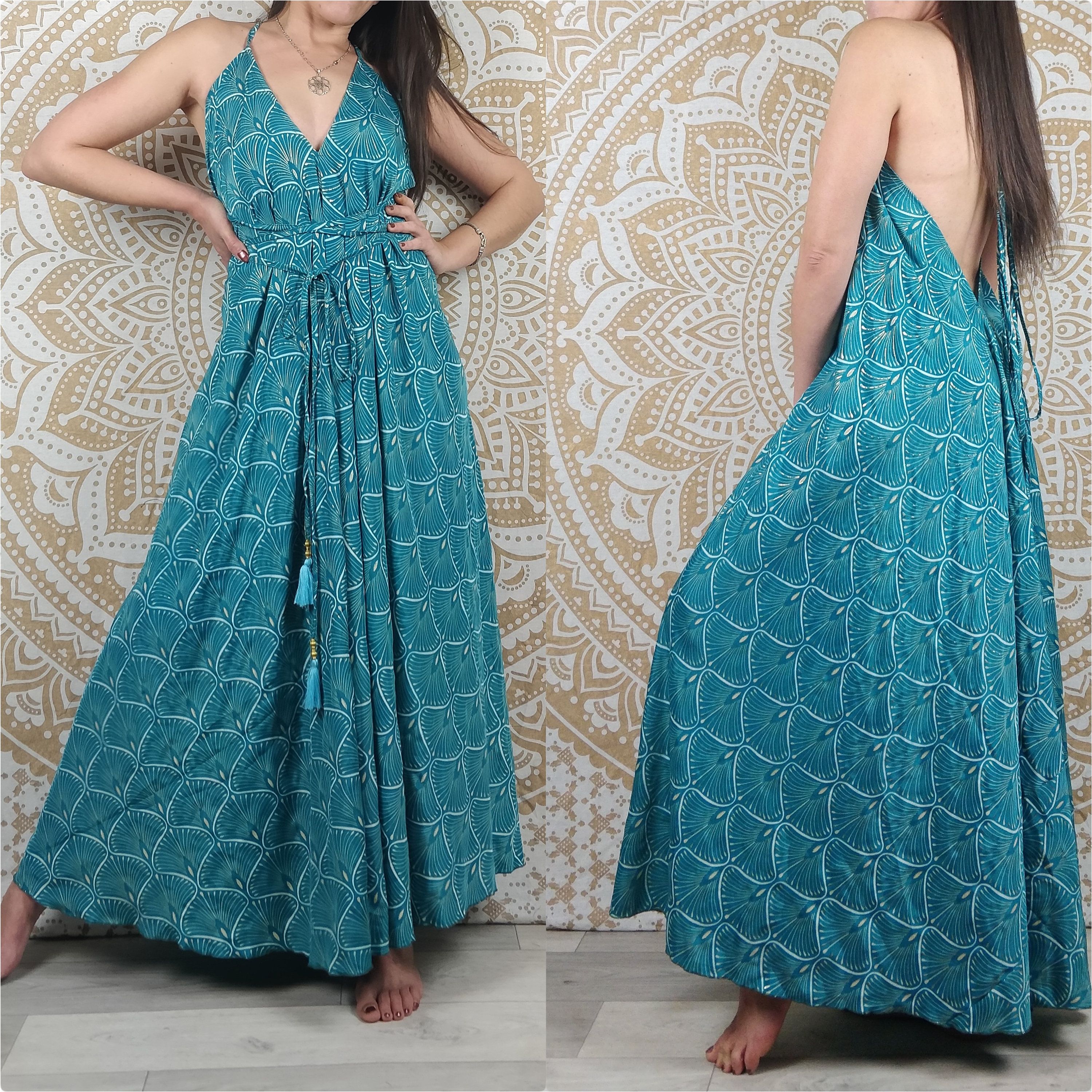 Y2K Maxi Abito Donna Floreale – Stile Boho Con Punto Smock, Schiena Scoperta E Volant, Per Spiaggia E Estate