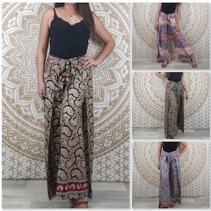 Moyana Thaise damesbroek van Indiase zijde. Boho wikkelbroek. Groen, wit en gouden print / zwarte bloemen / paarse paisley / blauw. Bruin