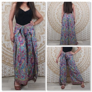 Pantalon thaï femme Moyana en soie indienne. Pantalon portefeuille bohème. Imprimé paisley noir, rouge, orange, or / fleuri / paisley noir image 9