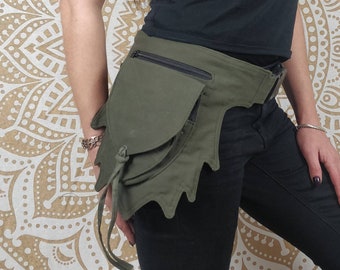 Sac de hanche Mahwa en coton. Pochette ceinture utilitaire unisexe noire ou verte.