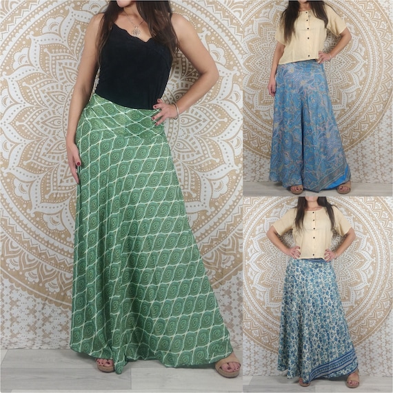 Saneha Women s Long Skirt in Indian Silk. Maxi Flared Boho Skirt. Green and White Ethnic Print Blue Paisley Blue Floral. Etsy Canada