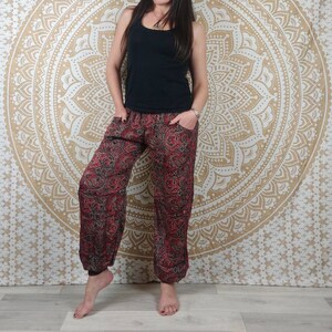 Pantalon Pilani en soie indienne. Pantalon harem coupe droite et ample. Imprimé ethnique noir et rouge / vert et marron / fleuri noir, bleu. image 9