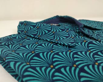 Ribhu men's short-sleeved shirt. Cotton shirt. Blue geometric patterns.