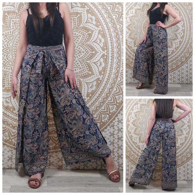 Pantalon thaï femme Moyana en soie indienne. Pantalon portefeuille bohème. Imprimé paisley bleu / fleuri noir et rouge / marron et blanc. image 3