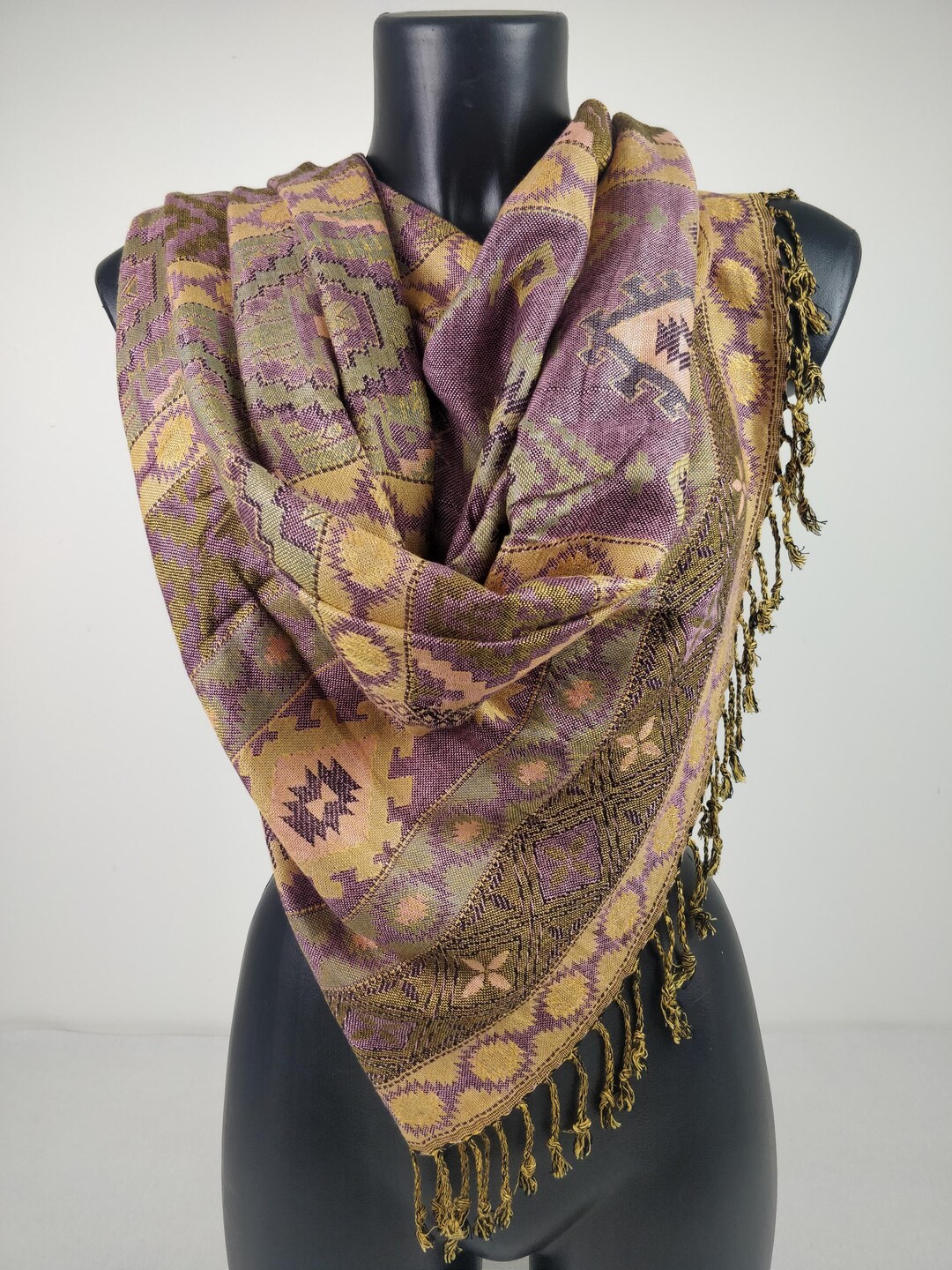Reversible Yamuna Viscose Pashmina. Geometric Pattern Scarf in Inca ...