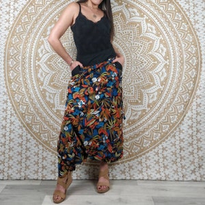 Cotton Haria pants. Harem pants / Adjustable skirt pants with pockets. Black, orange and blue foliage print. image 5