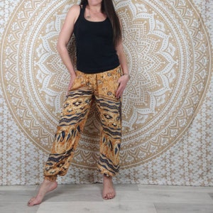 Pantalon Pilani en soie indienne. Pantalon harem coupe droite et ample. Imprimé paisley ocre et bleu avec insertions or. image 3