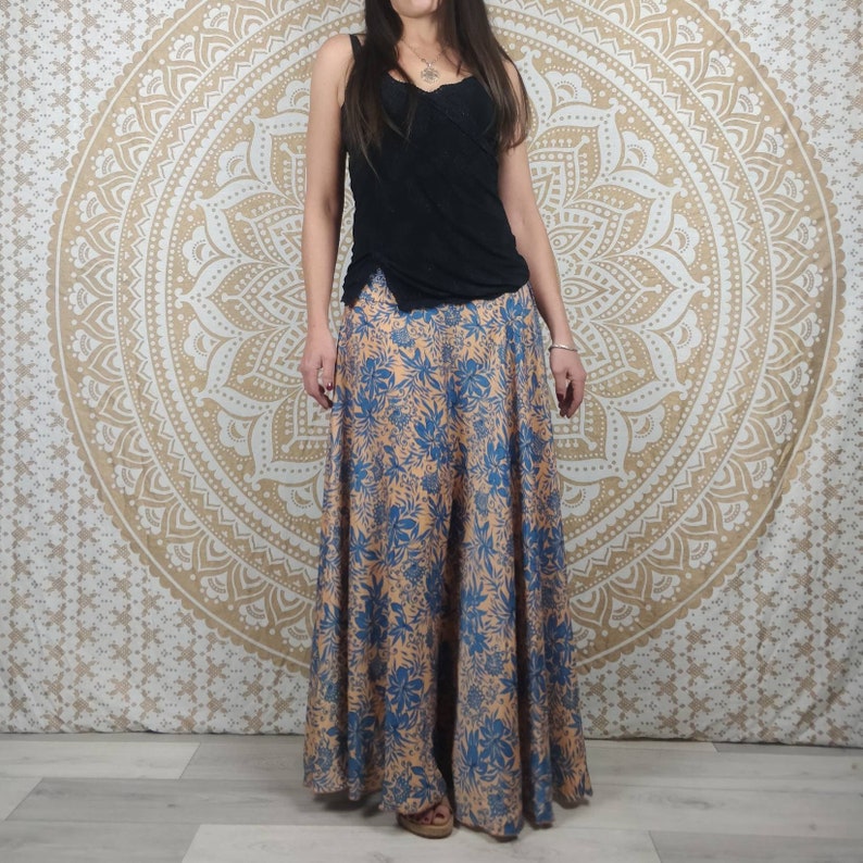 Nishana long skirt in Indian silk. Maxi flared boho skirt. Blue and orange floral print / black and red / brown and green paisley. image 1