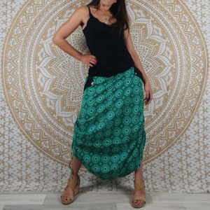 Cotton Haria pants. Harem pants / Adjustable skirt pants with pockets. Green/blue/black and red geometric print. image 9