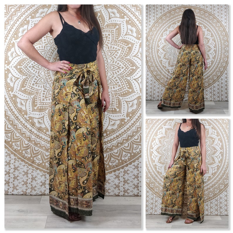 Pantalon thaï femme Moyana en soie indienne. Pantalon portefeuille bohème. Imprimé vert, blanc et or / fleuri noir / paisley violet / bleu Paisley marron