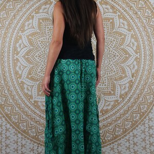 Cotton Haria pants. Harem pants / Adjustable skirt pants with pockets. Green/blue/black and red geometric print. image 6