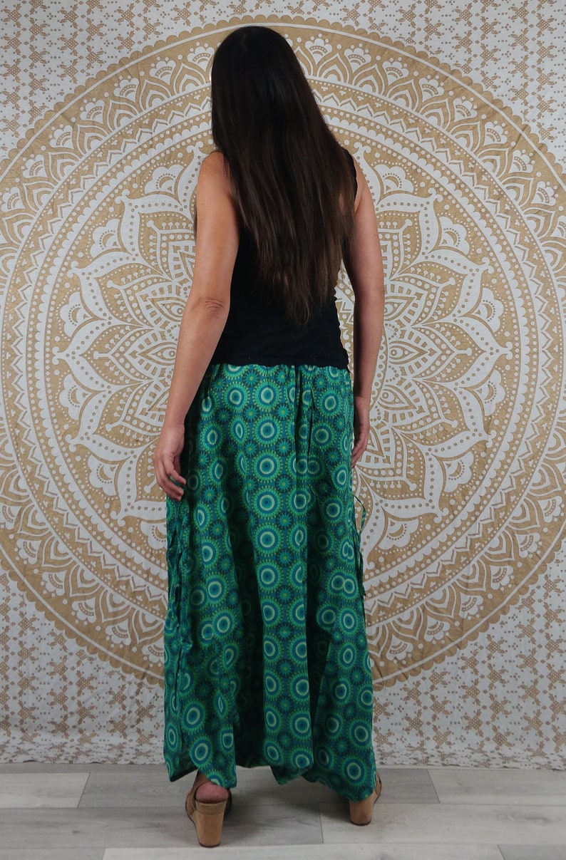 Cotton Haria pants. Harem pants / Adjustable skirt pants with pockets. Green/blue/black and red geometric print. image 6