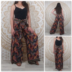 Pantalon thaï femme Moyana en soie indienne. Pantalon portefeuille bohème. Imprimé fleuri noir et bleu / pailsey marron et or / marron Paisley noir