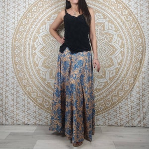 Nishana long skirt in Indian silk. Maxi flared boho skirt. Blue and orange floral print / black and red / brown and green paisley. image 9
