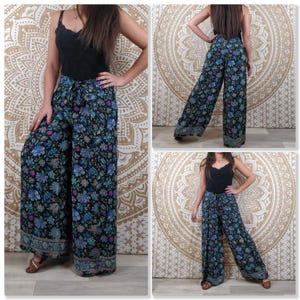 Moyana Thaise damesbroek van Indiase zijde. Boho wikkelbroek. Groen, wit en gouden print / zwarte bloemen / paarse paisley / blauw. Noir et bleu