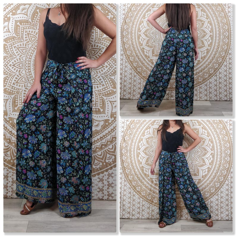 Moyana Thaise damesbroek van Indiase zijde. Boho wikkelbroek. Groen, wit en gouden print / zwarte bloemen / paarse paisley / blauw. Noir et bleu