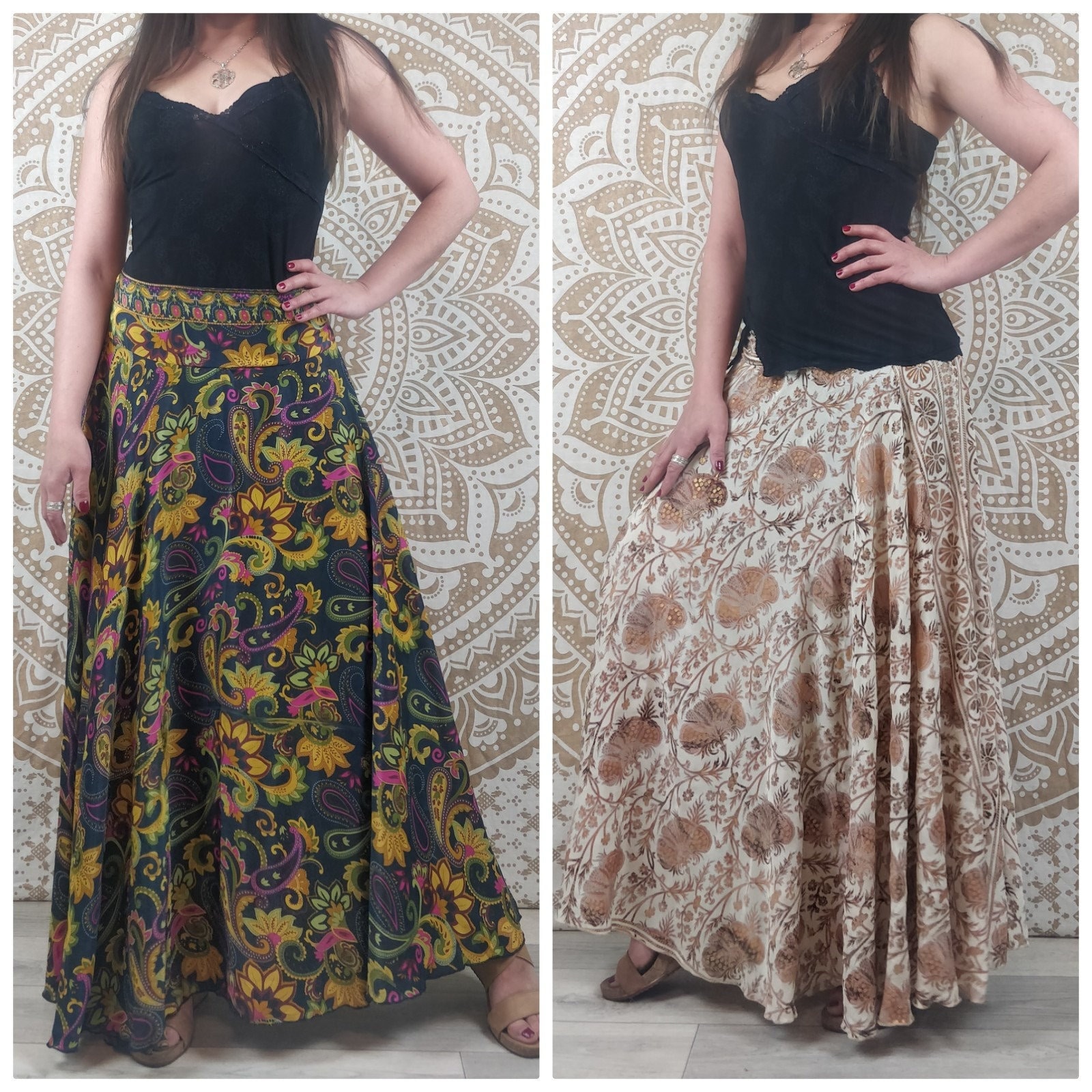 L'Appartement　INDIAN LONG SKIRT Nishana Long Skirt in Indian Silk. Maxi Boho Flared Skirt. White