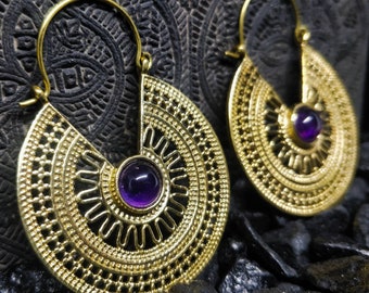 Round ethnic earrings. Brass boho hoop earrings with semi-precious stones.