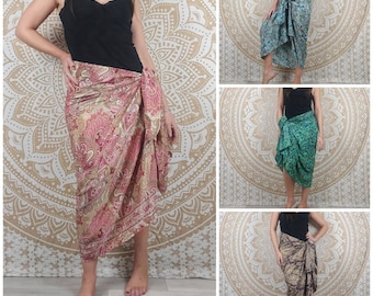 Akola pareo in Indian silk. Sarong with paisley print (green / pink / blue / black).