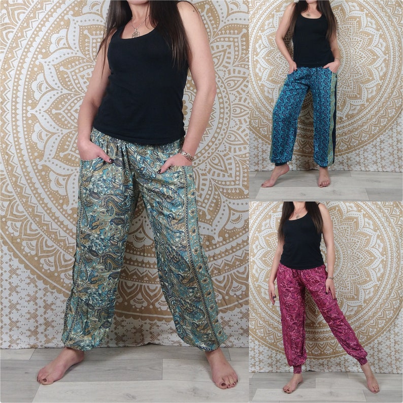 Pantalon Pilani en soie indienne. Pantalon harem coupe droite et ample. Imprimé paisley blanc et bleu / fleuri bleu / fuchsia. image 1