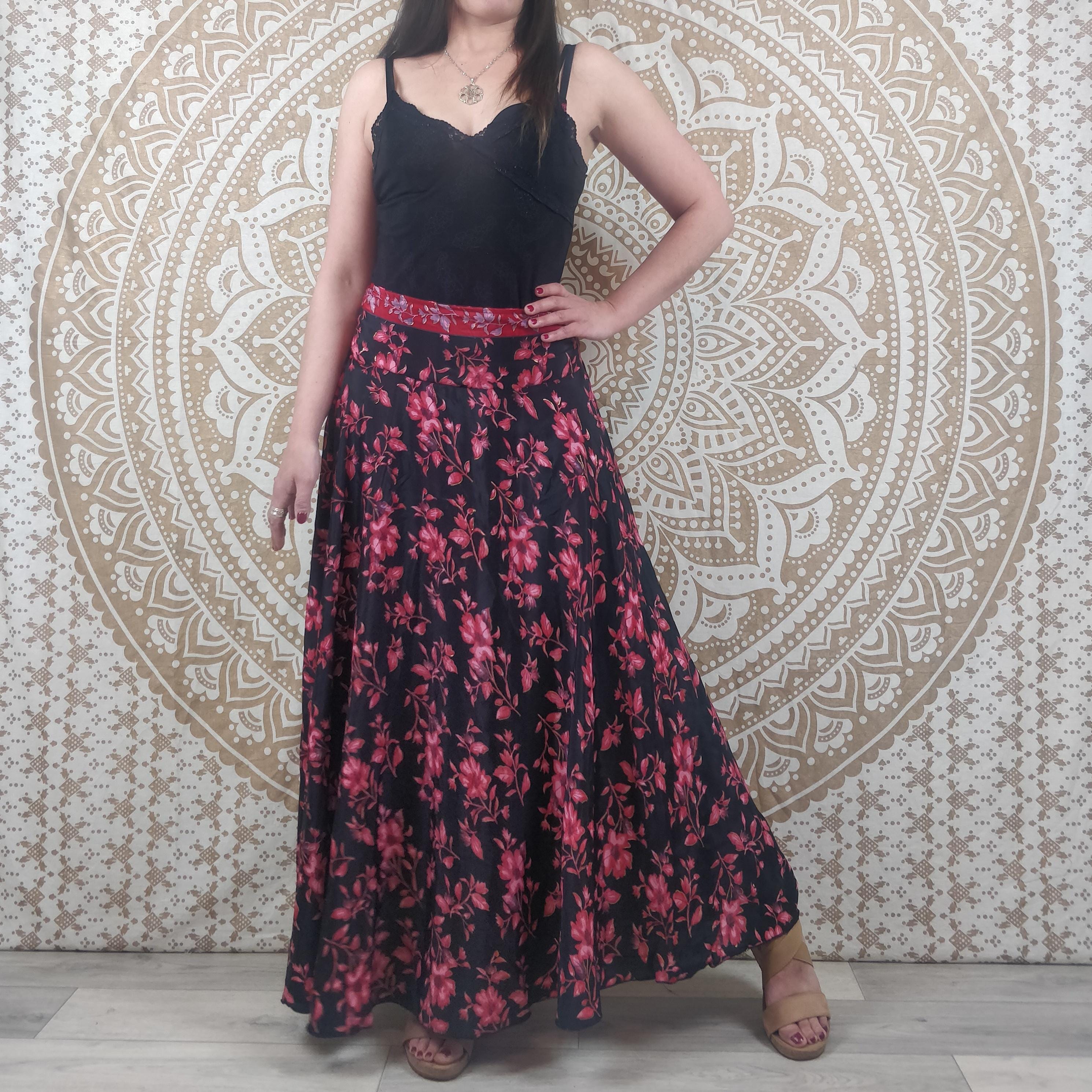 Jupe Indienne Vintage Verte à Paillettes - Taille L, Longueur Maxi, Fait Main - Occasion TBE
