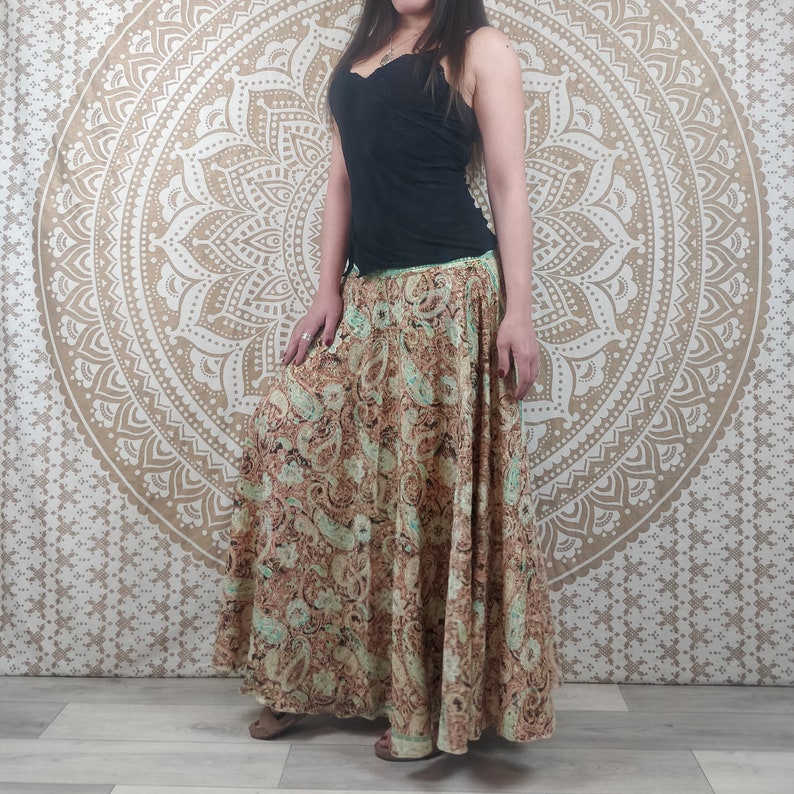 Nishana long skirt in Indian silk. Maxi flared boho skirt. Blue and orange floral print / black and red / brown and green paisley. image 3
