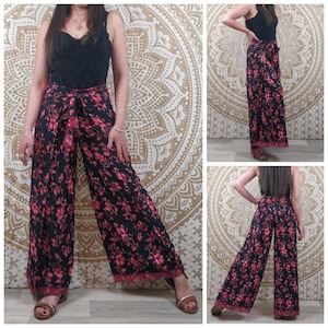 Pantalon thaï femme Moyana en soie indienne. Pantalon portefeuille bohème. Imprimé paisley bleu / fleuri noir et rouge / marron et blanc. image 7