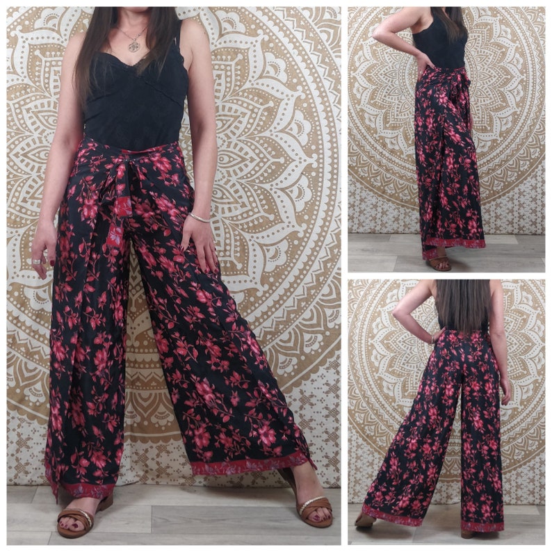 Moyana Damen-Thaihose aus indischer Seide. Boho-Wickelhose. Blauer Paisley-Druck / schwarzes und rotes Blumenmuster / Braun und Weiß. Bild 7