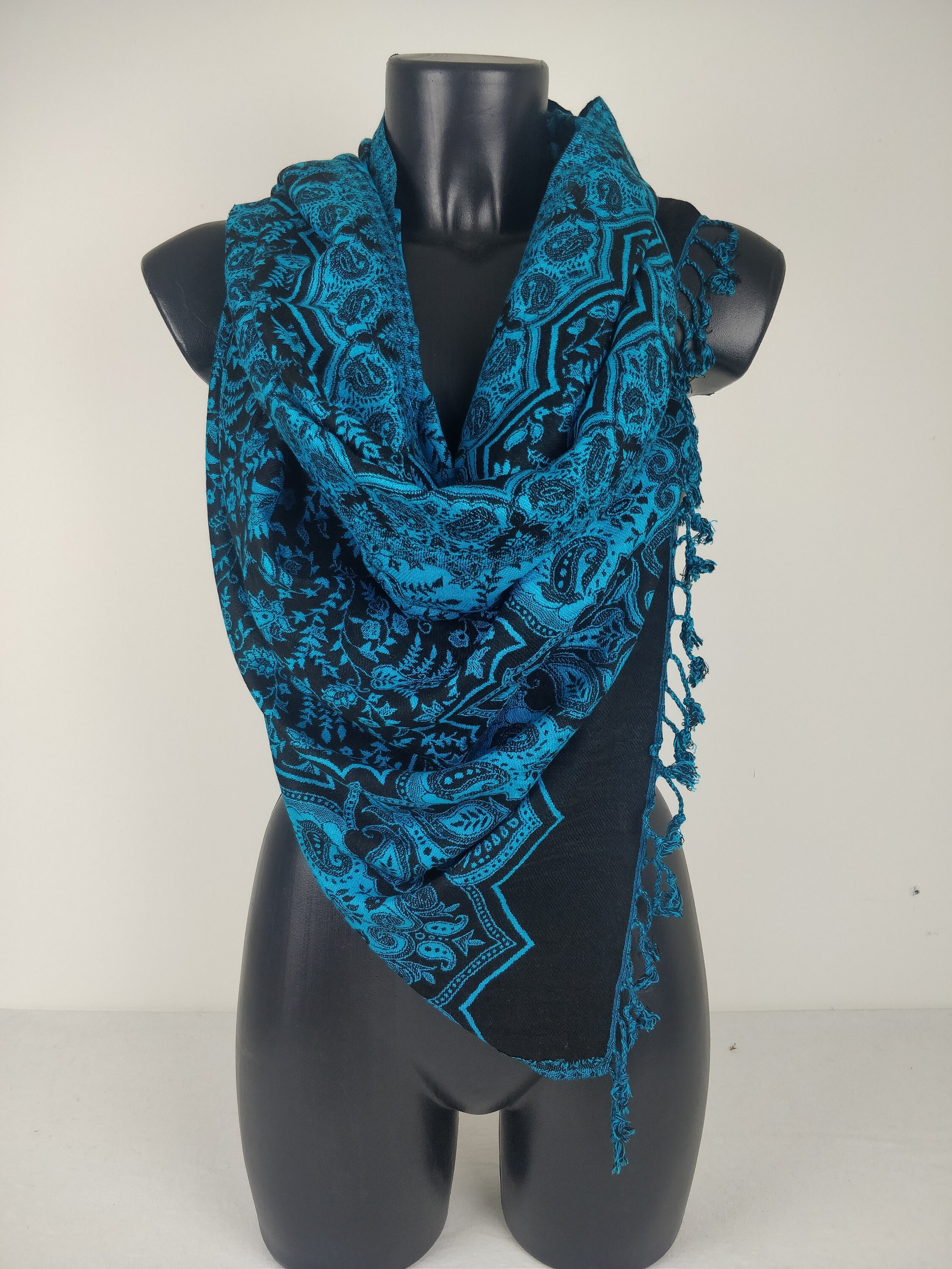 Sangam Reversible Pashmina in Blue and Black Paisley