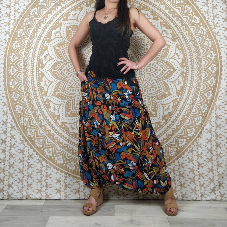 Cotton Haria pants. Harem pants / Adjustable skirt pants with pockets. Black, orange and blue foliage print. image 1