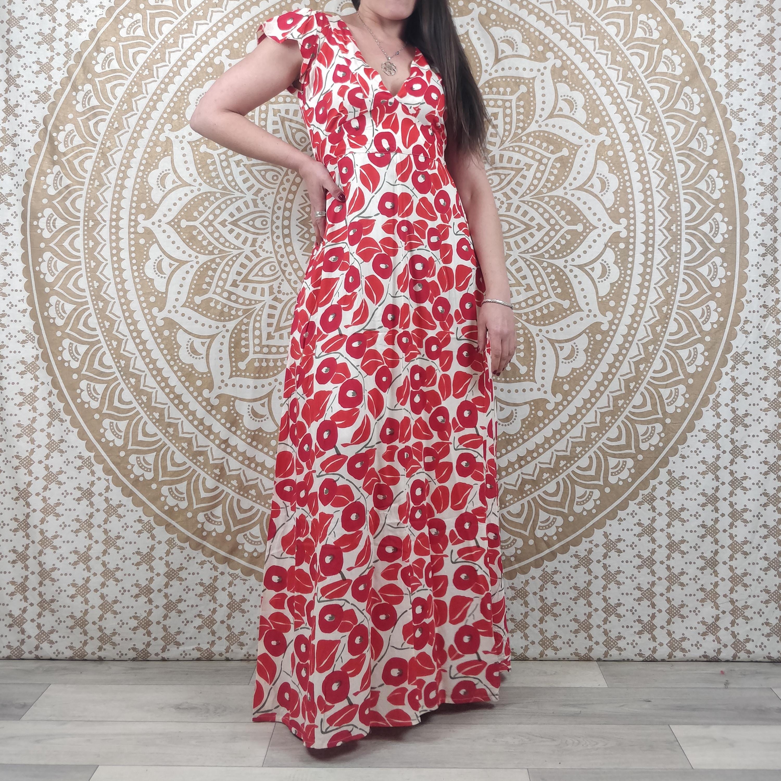 Indra Maxi Dress. Adjustable, Flared, Short-sleeved Bohemian Dress With  Pockets. Red and White Floral Print. Floral Dress. Boho Dress. - Etsy Canada