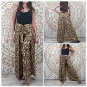 Pantalon thaï femme Moyana en soie indienne. Pantalon portefeuille bohème. Imprimé fleuri noir et bleu / pailsey marron et or / marron image 7