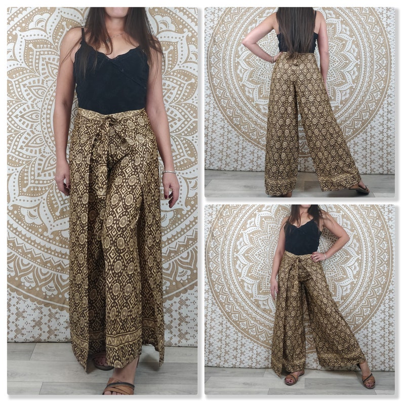 Pantalon thaï femme Moyana en soie indienne. Pantalon portefeuille bohème. Imprimé fleuri noir et bleu / pailsey marron et or / marron image 7