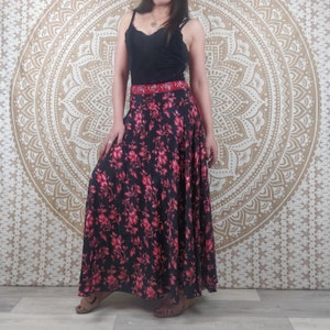 Nishana long skirt in Indian silk. Maxi flared boho skirt. Blue and orange floral print / black and red / brown and green paisley. image 2
