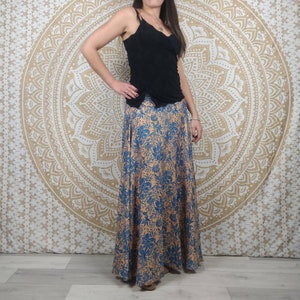 Nishana long skirt in Indian silk. Maxi flared boho skirt. Blue and orange floral print / black and red / brown and green paisley. image 8