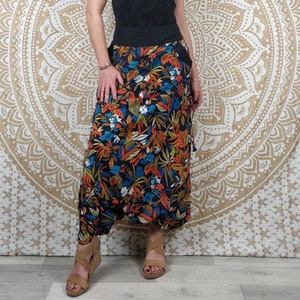 Cotton Haria pants. Harem pants / Adjustable skirt pants with pockets. Black, orange and blue foliage print. image 2