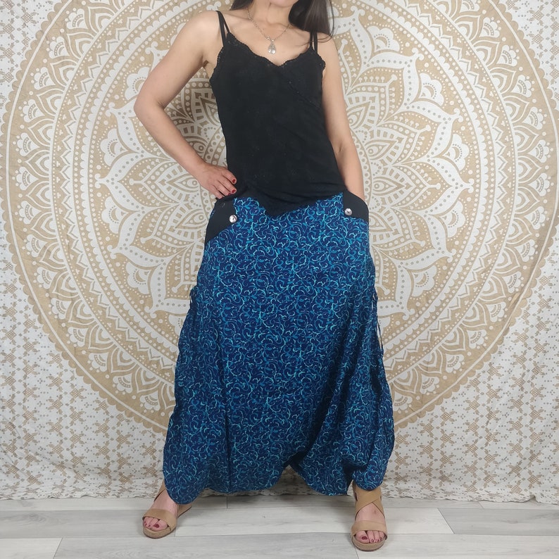 Cotton Haria pants. Harem pants / Adjustable skirt pants with pockets. Green/blue/black and red geometric print. image 5