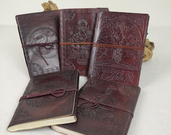 Leather journal with recycled paper (17.5 cm x 12.5 cm). Journal, notebook, sketchbook. Tree of life, Ganesh, Buddha, Ohm.