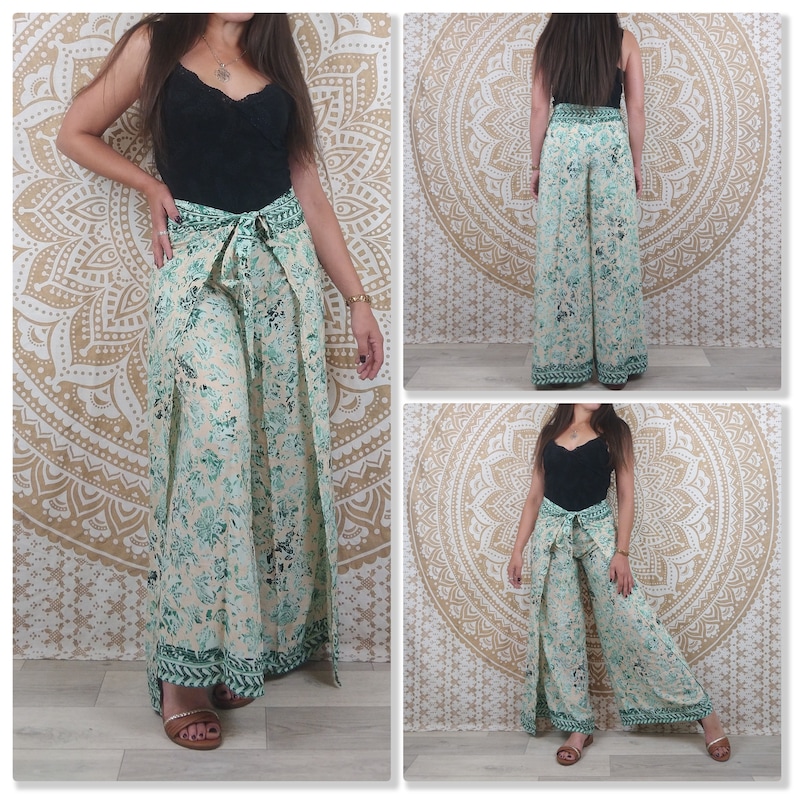 Moyana women's Thai pants in Indian silk. Boho wrap pants. Green, white and gold print / black floral / purple paisley / blue image 3