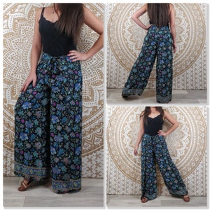 Pantalon thaï femme Moyana en soie indienne. Pantalon portefeuille bohème. Imprimé fleuri noir et bleu / pailsey marron et or / marron image 3