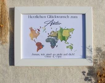 Abitur Geldgeschenk Weltkarte | Abiturabschluss personalisiertes Geldgeschenk | Ab in die Welt | Reisegeschenk