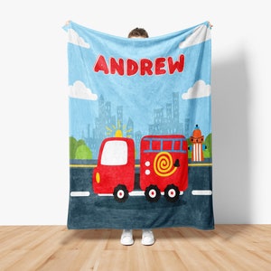 Personalize fire truck blanket, Custom blanket for boys, Toddler bedding Baby boy name blanket, Fleece blanket boys, Grandson gifts m0065