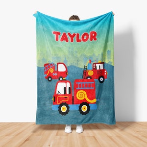 Personalized blanket for kids, Custom fleece red fire truck blanket, Fire engine baby name blanket, Custom throw cover, Boys bedroom m0062