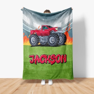 Personalize monster truck blanket, Custom blanket for boys, Toddler bedding Baby boy name blanket, Fleece blanket boys, Grandson gifts m0041