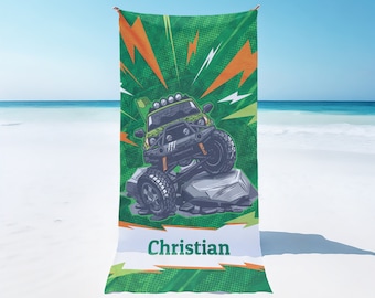 Personalized beach towel for kids, 35x60 custom large beach towel for boys with truck, Kids beach towel, Custom name bath towel bt0011b