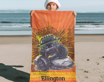 Monster truck personalized beach towel for kids, 35x60 custom large beach towel for boys, Kids beach towel, Custom name bath towel bt0011a