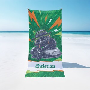 Personalized beach towel for kids, 35x60 custom large beach towel for boys with truck, Kids beach towel, Custom name bath towel bt0011b