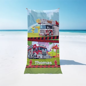 Personalized beach towel for kids, 35x60 custom large beach towel for boys with fire truck, Kids beach towel, Custom name bath towel bt0004b